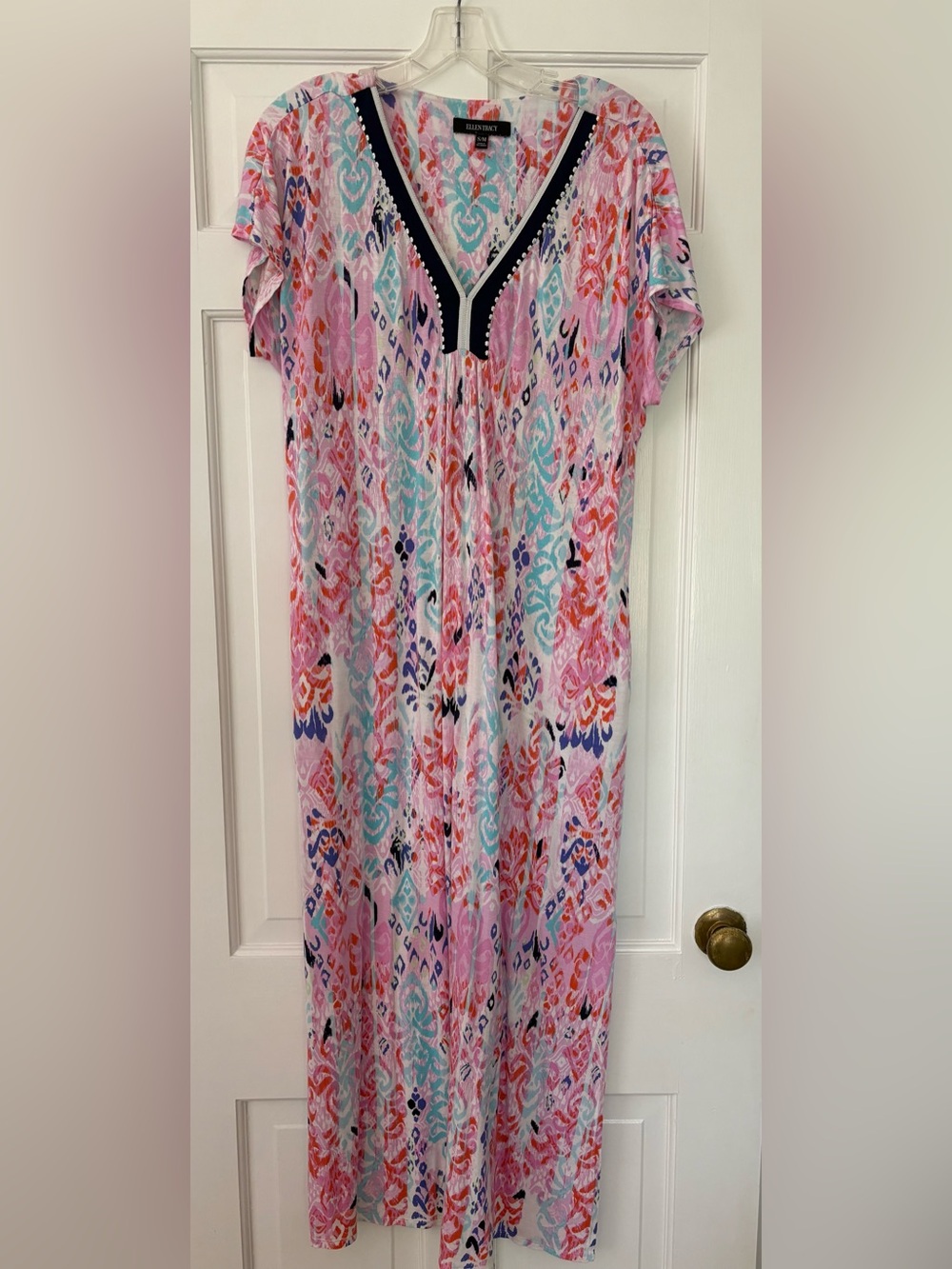 Ellen Tracy Pink Multicolor V-Neck Maxi Caftan